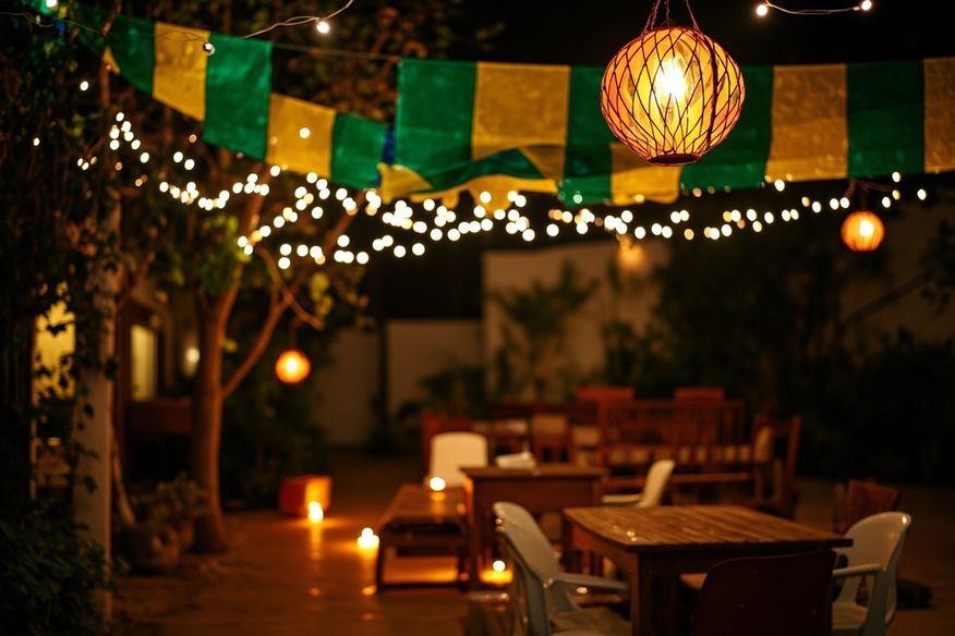 Decoração noturna de 7 de Setembro com pisca-piscas, lanternas de papel e bandeirinhas no quintal