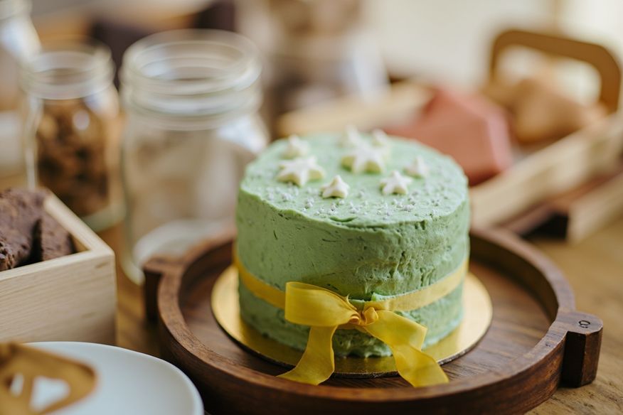 Bolo de buttercream verde com fita amarela e estrelas brancas sobre bandeja de madeira com doces típicos