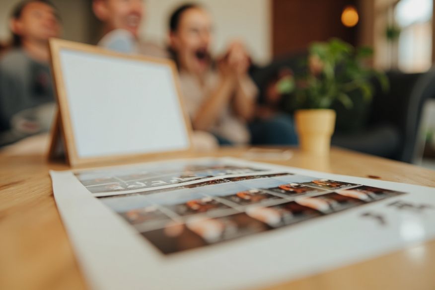 Tirinhas de fotos recém-impressas sobre mesa de madeira em evento corporativo