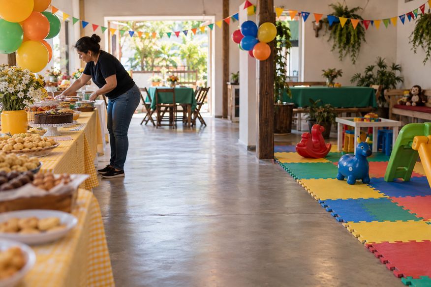 Espaço de festa organizado com passagem livre entre a área de lanche e as brincadeiras
