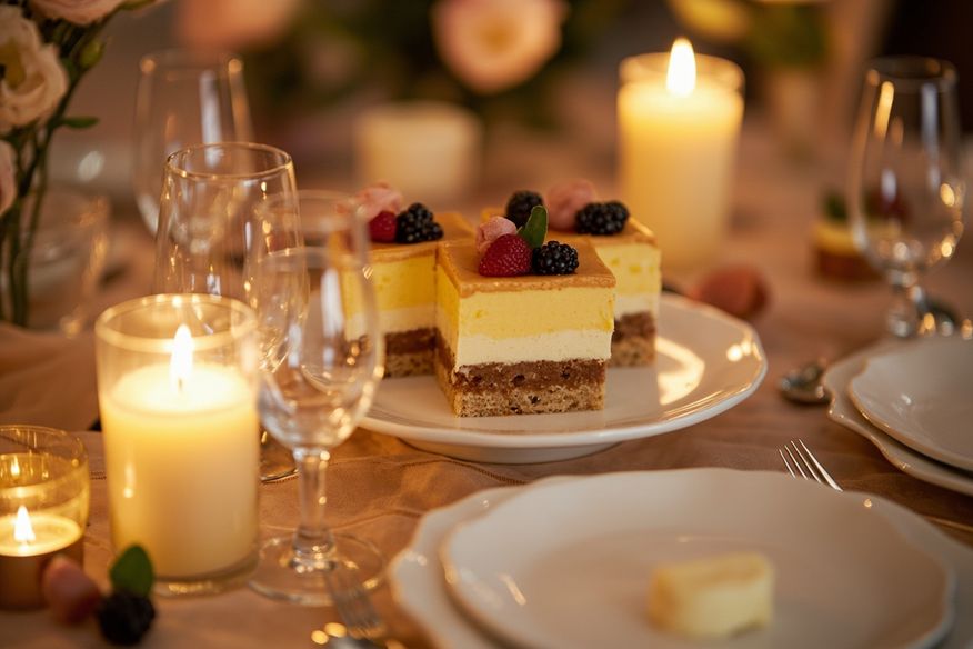 Detalhe de mesa decorada com tons dourados, arranjo floral e velas acesas