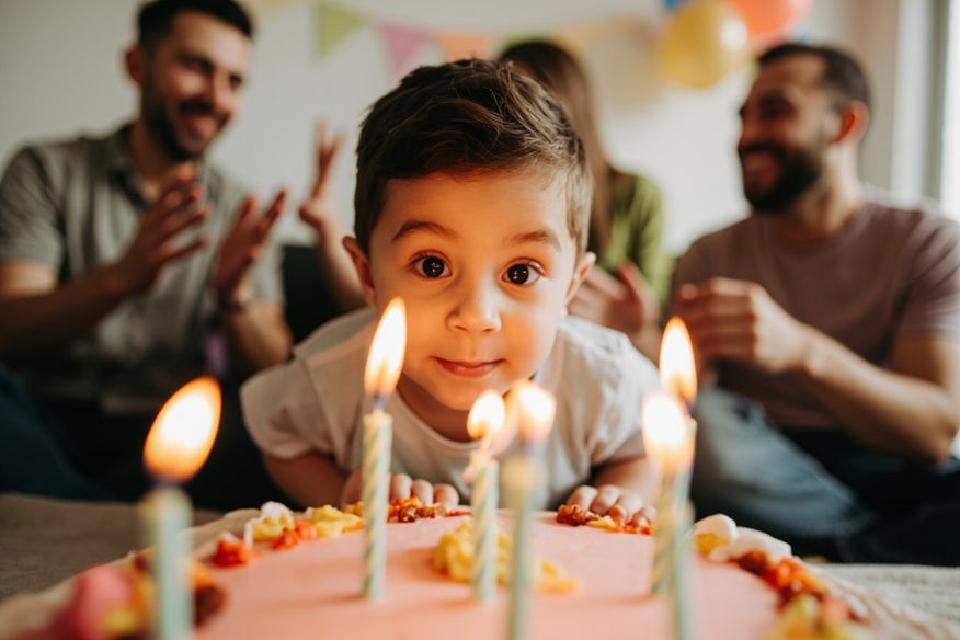 Criança apagando velas do bolo de aniversário sob o olhar da família, em ângulo baixo