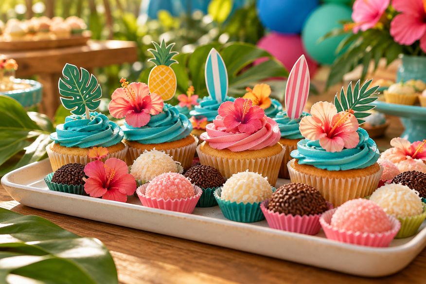 Cupcakes azuis e docinhos havaianos com hibiscos, folhas e mini pranchas de surfe.