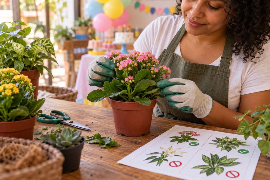 Decoradora verifica uma planta em vaso antes de incluí-la na festa infantil