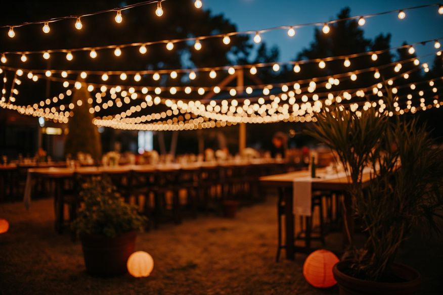 Recepção de casamento ao ar livre ao entardecer, com varais de luzes amarelas iluminando mesas rústicas e lanternas de papel penduradas