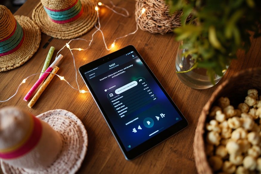 Tablet com playlist aberta em cima de mesa com elementos de Festa Junina