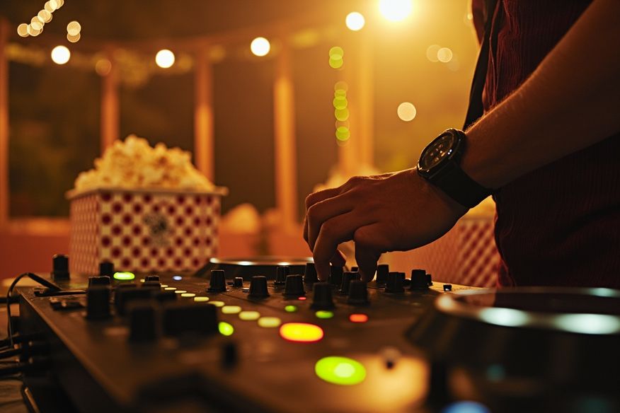 DJ ajustando mesa de som durante Festa Junina com decoração ao fundo