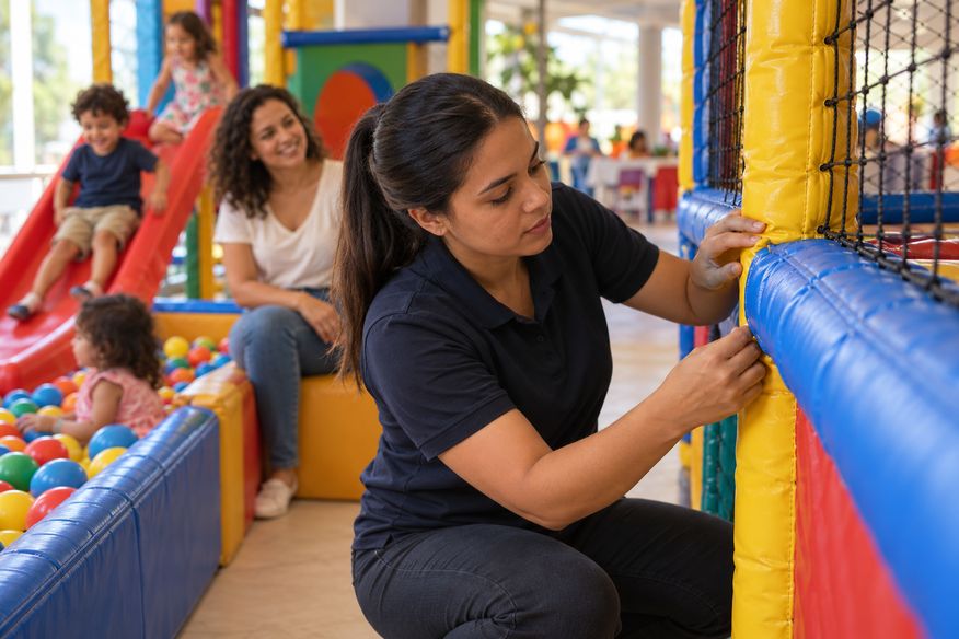 Responsável observa a equipe verificar a estrutura de brinquedos infantis