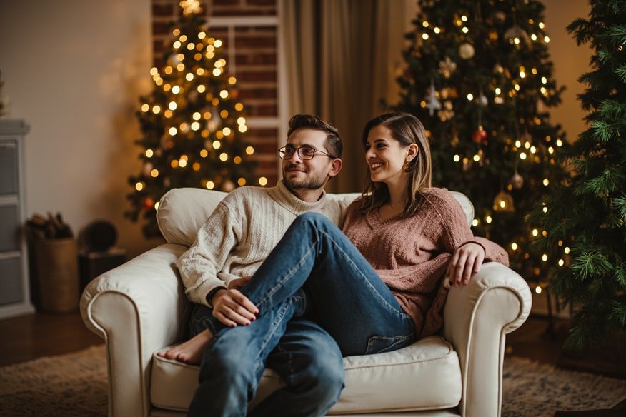 Ensaio temático de Natal em estúdio com árvore decorada e luzes de fundo