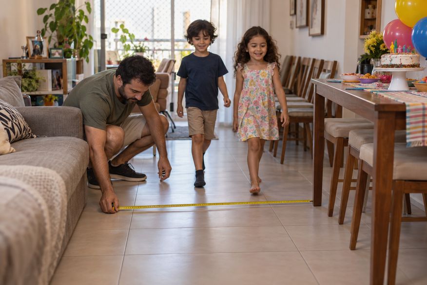Família avalia espaço e circulação da sala para receber crianças e convidados
