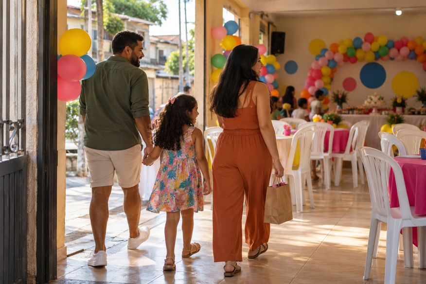 Família chega a uma festa infantil em salão de bairro decorado com balões coloridos.