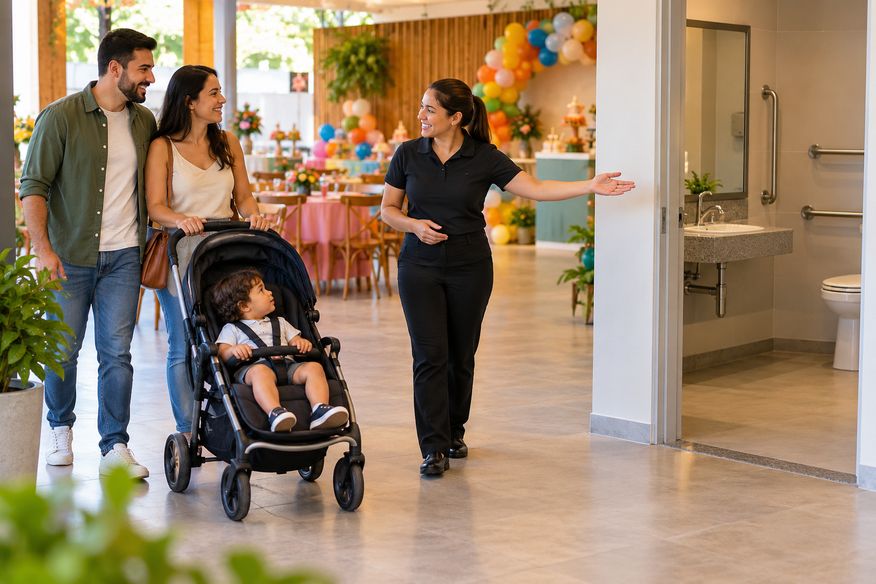 Família confere a circulação com carrinho e a acessibilidade durante a visita