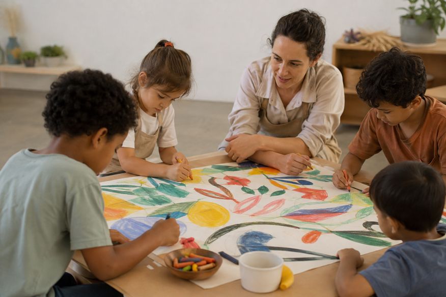 Crianças criando um jardim coletivo em uma mesa de desenho com acompanhamento adulto.