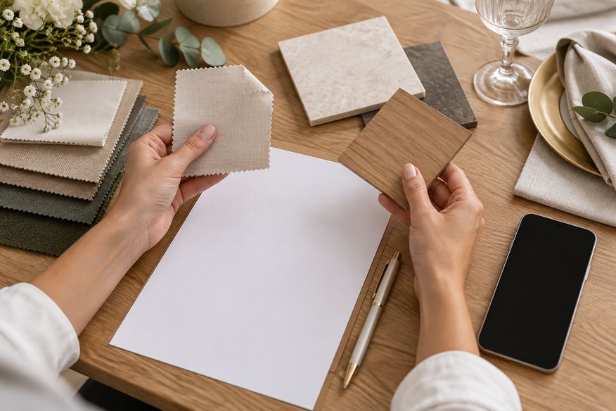 Proposta, amostras e celular sendo conferidos antes da contratação.