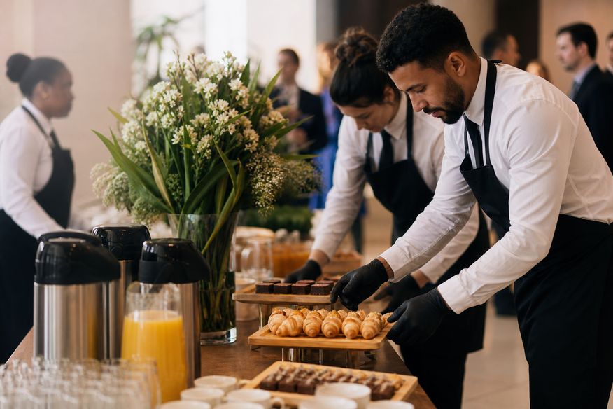 Equipe organiza coffee break corporativo.
