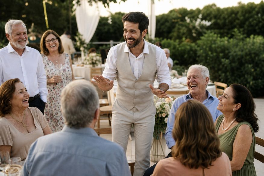 Convidados de diferentes idades participam de dinâmica leve em uma festa de casamento.