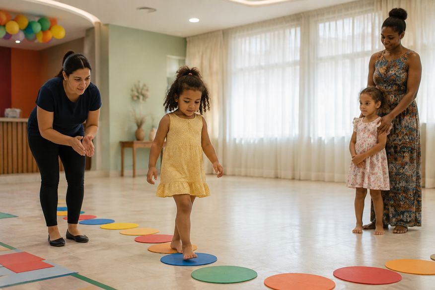 Criança percorrendo marcações coloridas no chão durante uma atividade acompanhada.