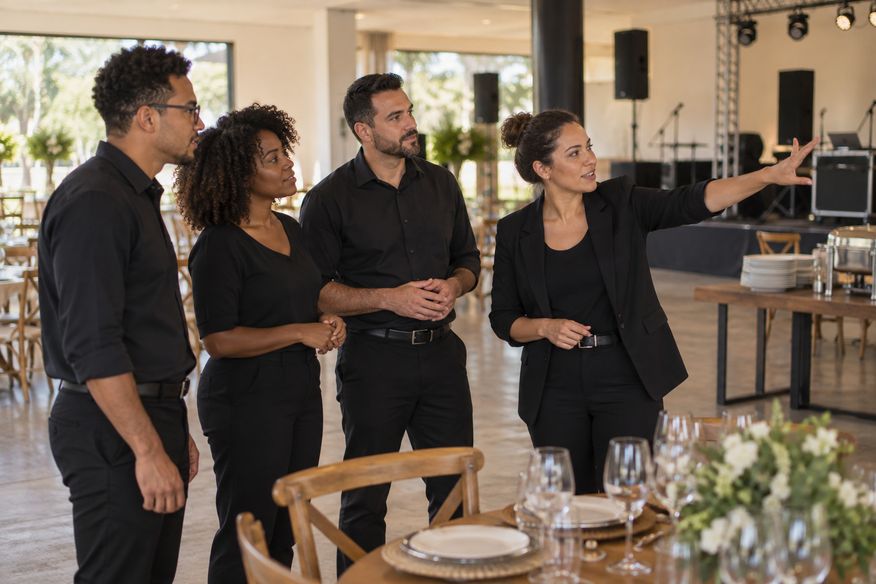 Equipe de eventos alinhando a operação antes da chegada dos convidados.
