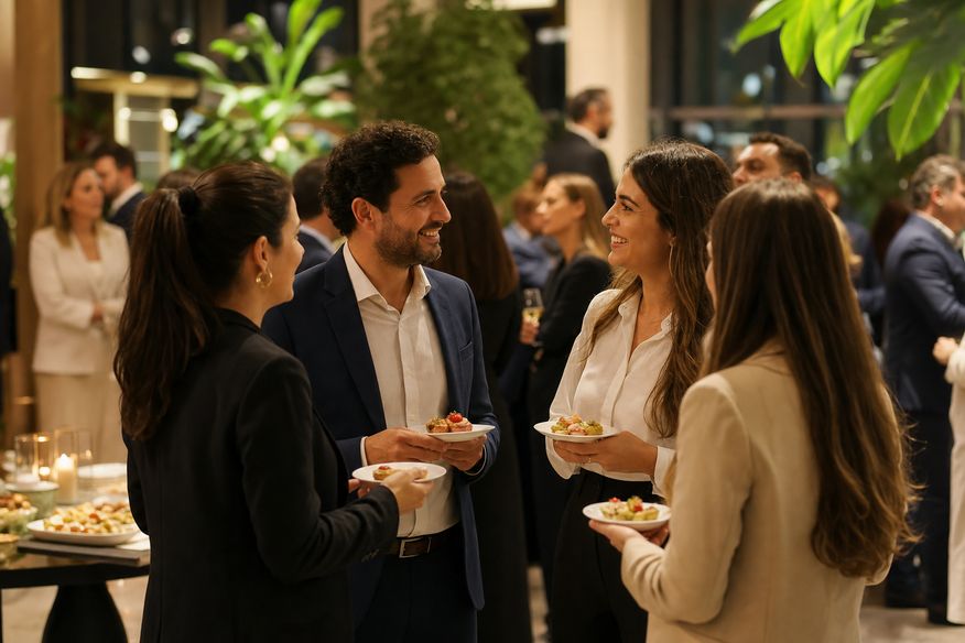 Convidados fazem networking em recepção com buffet.