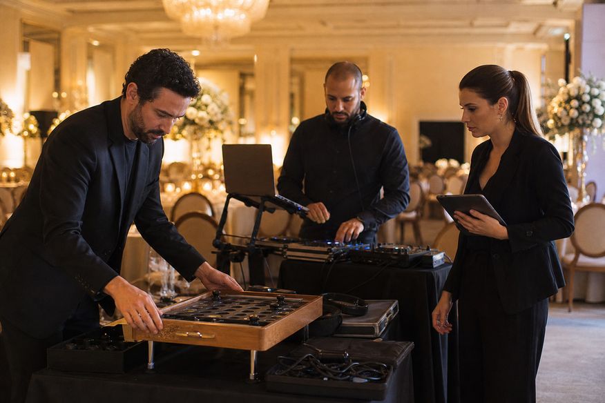 Equipe testa a estrutura de uma atividade antes do início de uma recepção de casamento.