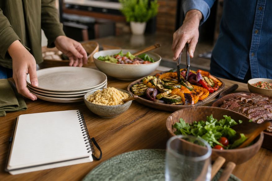 Mãos organizam pratos e acompanhamentos para um almoço familiar.