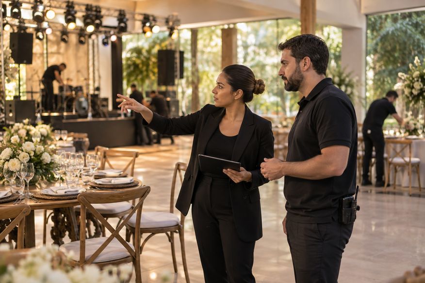 Organizadora inspecionando estrutura e montagem do evento com o fornecedor.