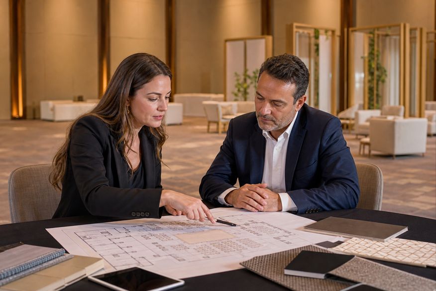 Produtora e cliente analisam planta e amostras para a decoração de um evento corporativo.