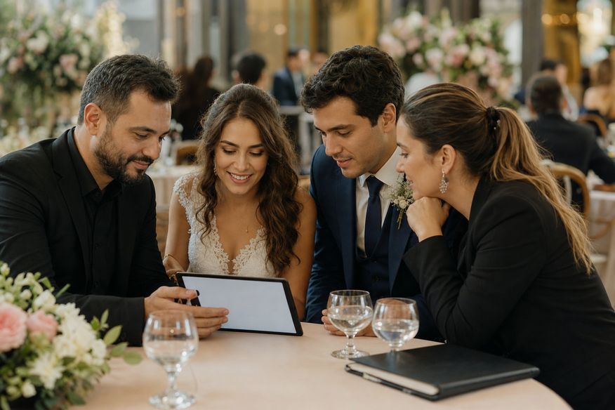 Casal conversa com profissional de animação e coordenadora antes da recepção de casamento.
