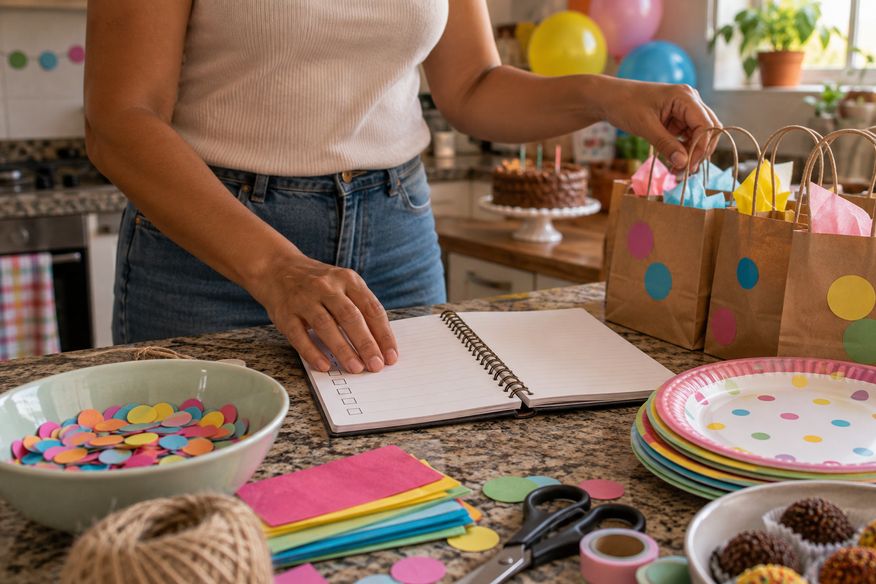 Mãos organizam lista de tarefas e materiais para festa infantil em casa