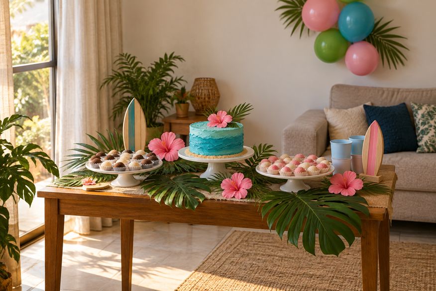 Mesa pequena de aniversário em casa com bolo azul, docinhos e decoração tropical.