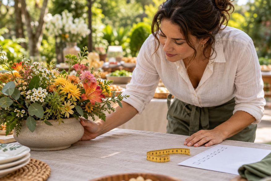 Organizadora confere a estabilidade de arranjo floral sobre a mesa do buffet