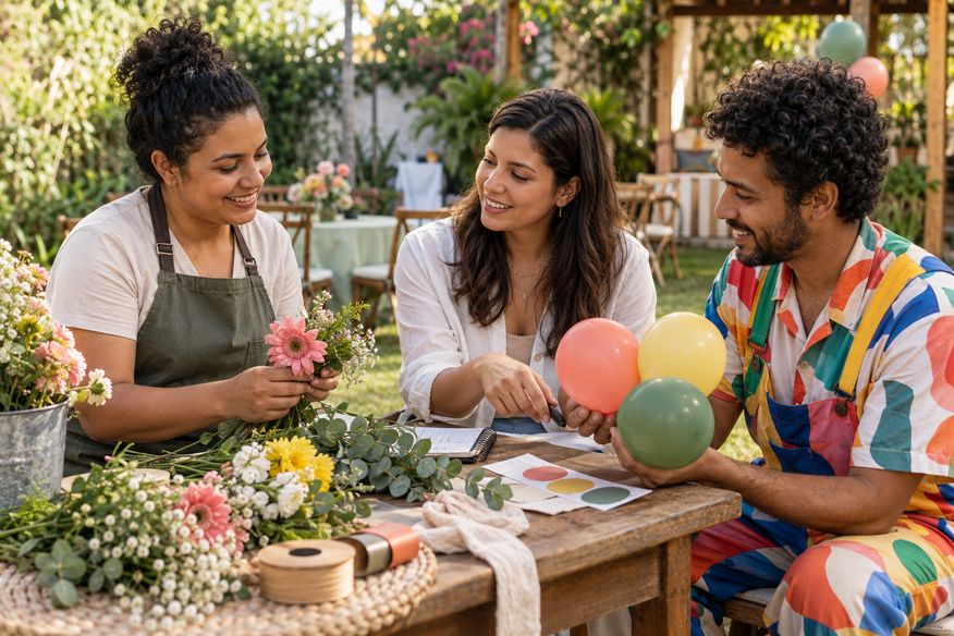 Organizadora conversa com fornecedores sobre flores e atrações para a festa