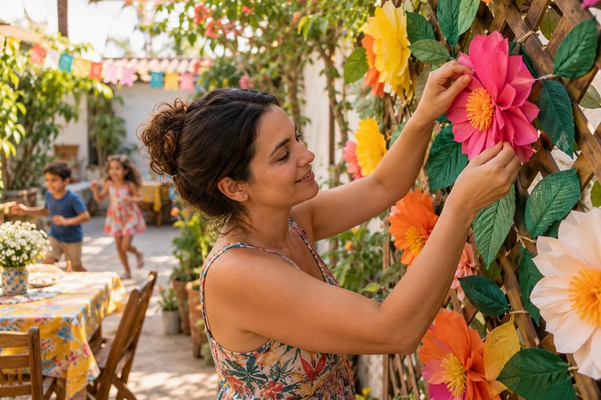 Família monta painel de primavera com flores de papel e folhas de tecido