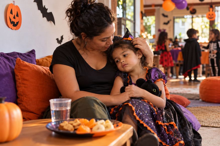 Criança descansa com a mãe em um cantinho tranquilo da festa
