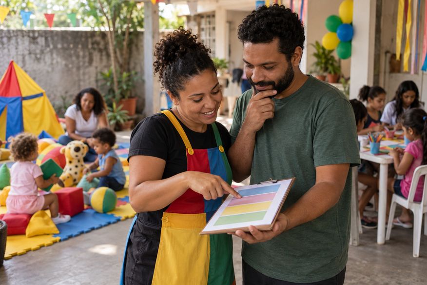 Organizadora e recreador planejam atividades separadas para crianças pequenas e maiores