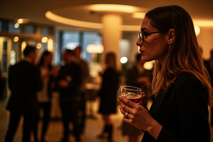 Recepção corporativa tipo coquetel em lounge sofisticado com convidados conversando