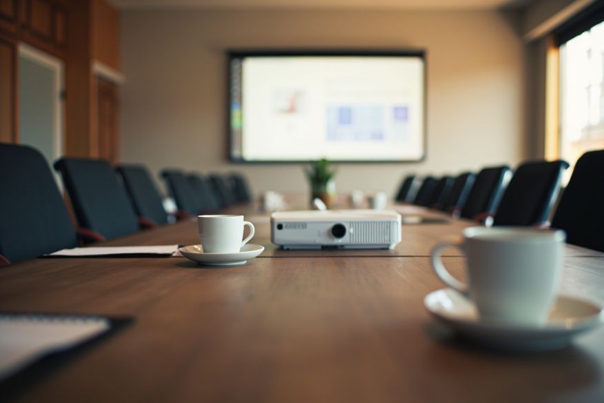Sala de reunião executiva com mesa de madeira comprida e projetor ligado