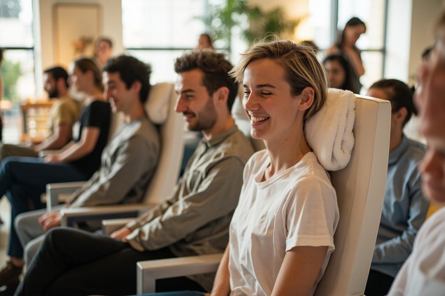 Grupo de profissionais recebendo massagem expressa em evento de bem-estar corporativo