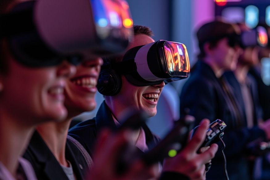 Colegas de trabalho usando óculos de realidade virtual em evento corporativo