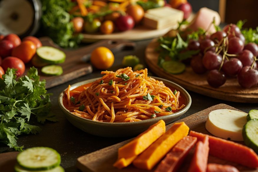 Mesa com acarajé, frutas tropicais, ervas e queijos artesanais em tábua de madeira