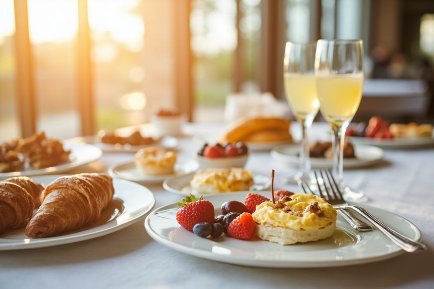 Mesa de brunch de casamento com croissants, frutas frescas, ovos benedict e mimosas em taças