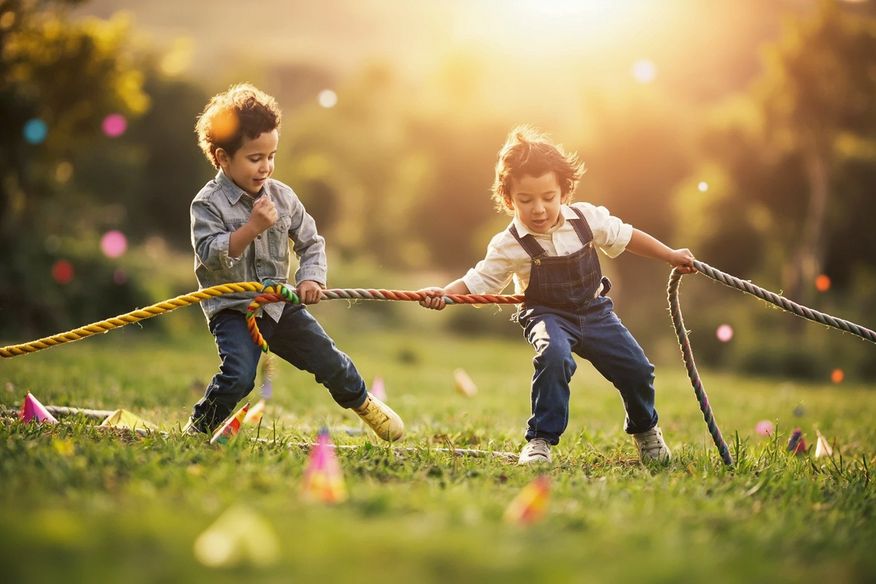 Crianças brincando de cabo de guerra em gramado durante festa infantil