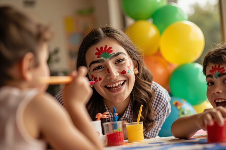 Recreadora fazendo pintura facial em criança durante festa de aniversário