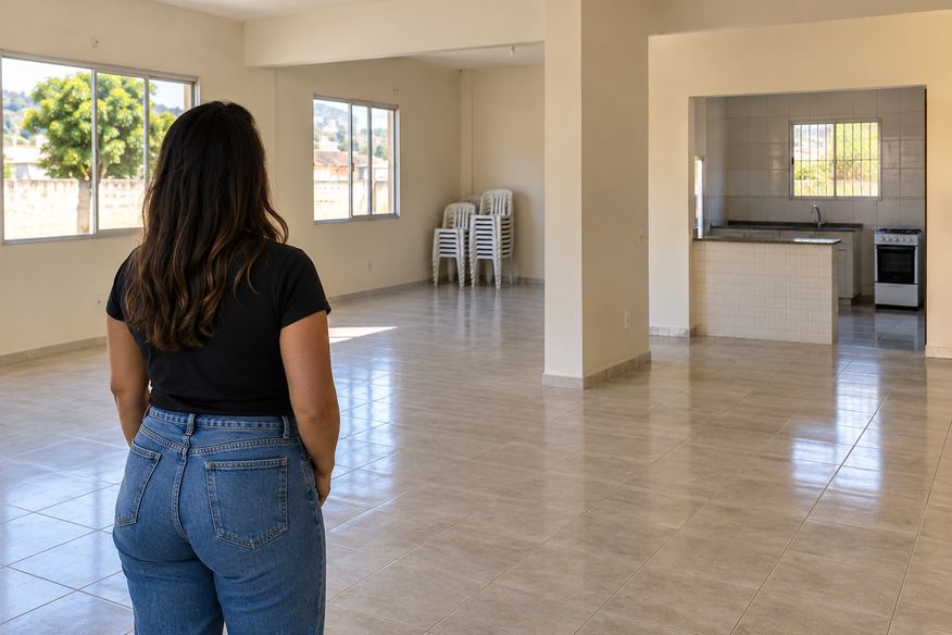 Pessoa visita um salão vazio com cadeiras empilhadas e cozinha de apoio.